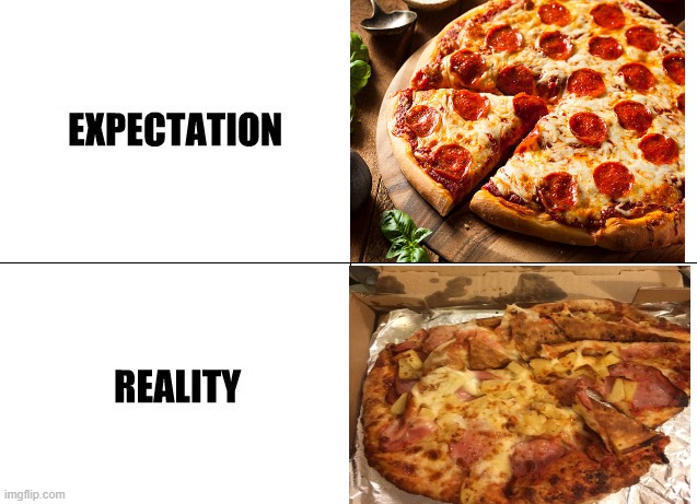 Graphic of a delicious-looking pizza labelled "expectation" above a smashed pizza labelled "reality"