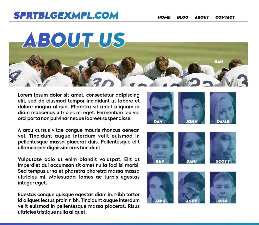 Screenshot of an example sports blog "About Us" page