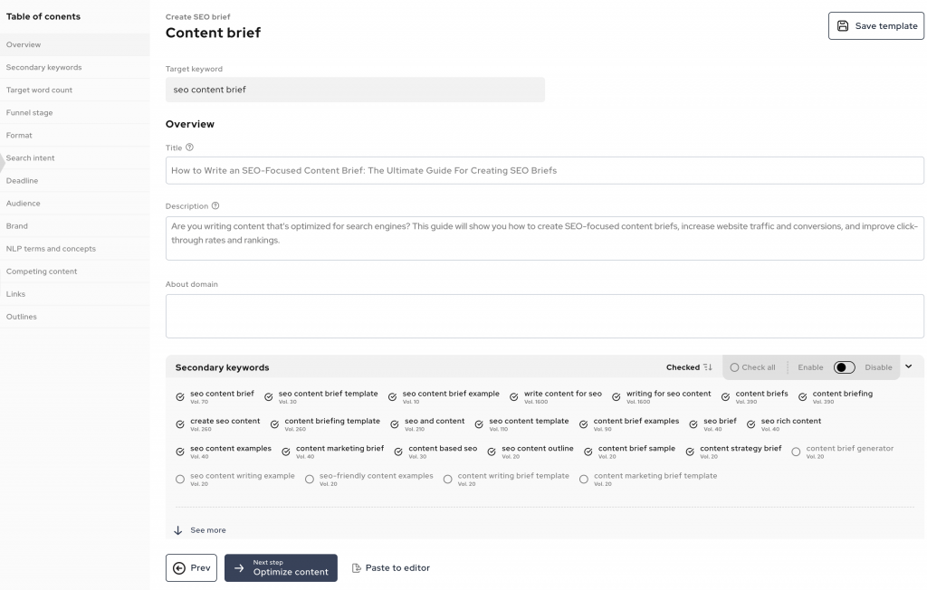 example of how to create an seo content brief with the ai seo content marketing tool outranking