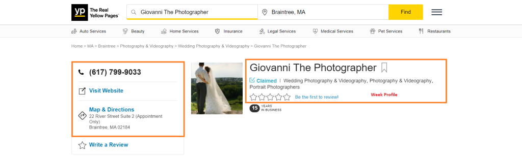 Screenshot of a wedding photographer's Yellow Pages profile.