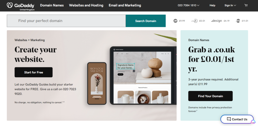 Screenshot of GoDaddy's homepage