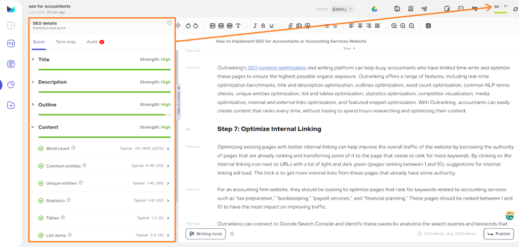 Screenshot of Outranking's SEO details for the article "SEO for Accountants"