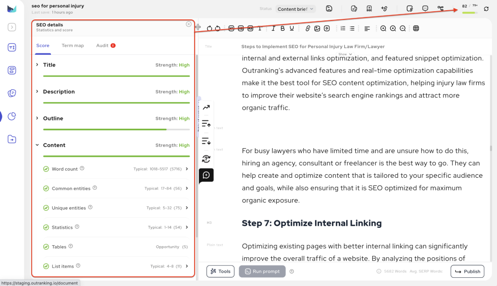 Screenshot of Outranking's SEO details for the article "SEO for Personal Injury Lawyers and Law Firms".