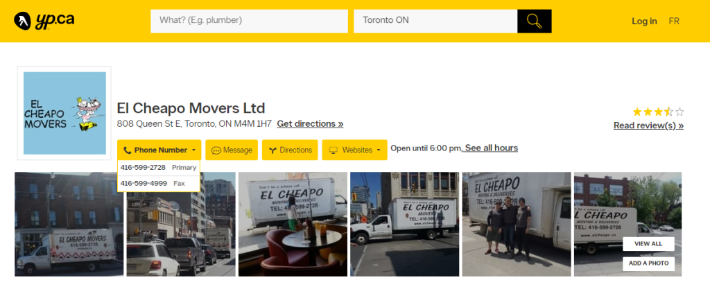 Screenshot of the Yellow Pages profile for "El Cheapo Movers Ltd."