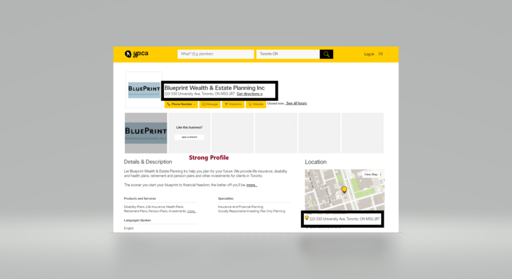 Screenshot of a financial institution's profile on Yellow Pages.