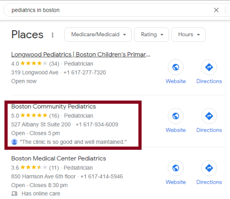 Screenshot of Google search results for "pediatrics in boston".