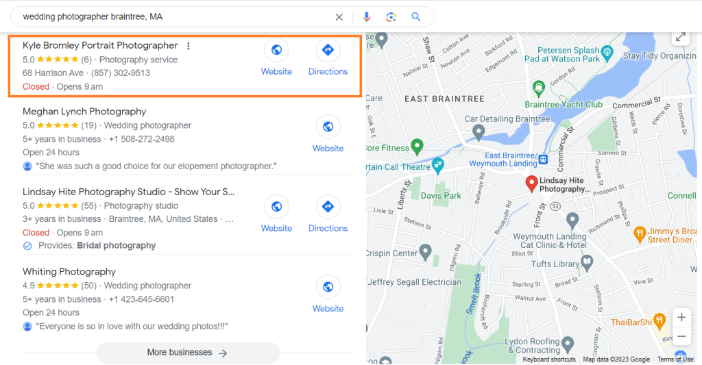 Screenshot of the Google results for "wedding photographer braintree, MA"