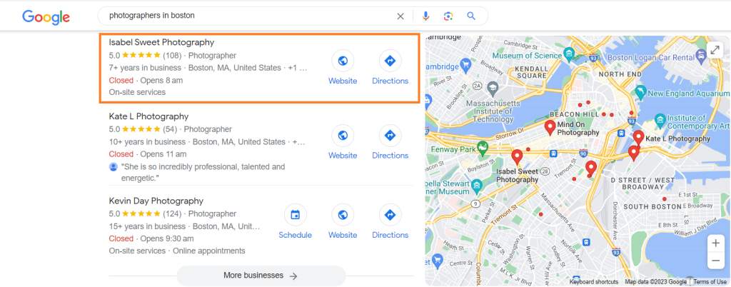 Screenshot of Google search results for the inquiry "photographers in Boston". 