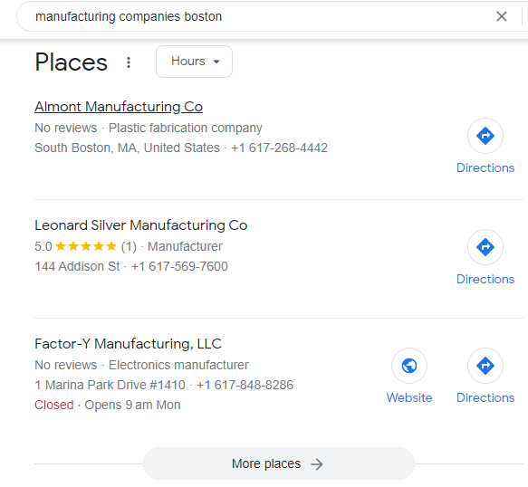 Screenshot of a My Business profile for three different manufacturing companies in Boston.