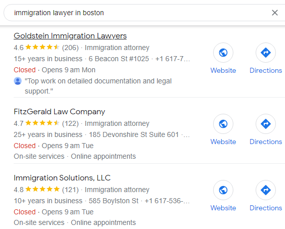 Screenshot of Google search results for "immigration lawyer in Boston". 