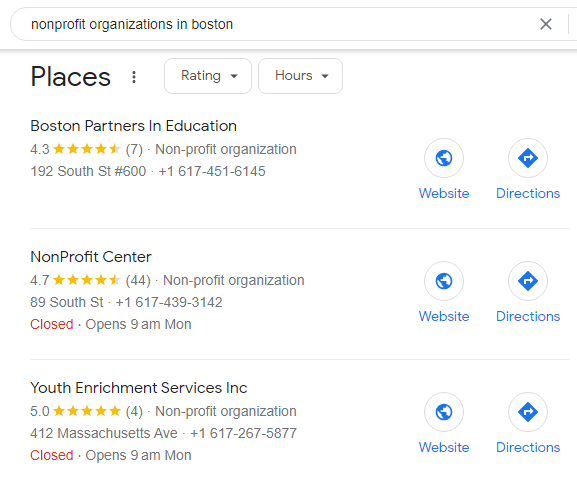 Screenshot of Google search results for "nonprofit organizations in Boston"