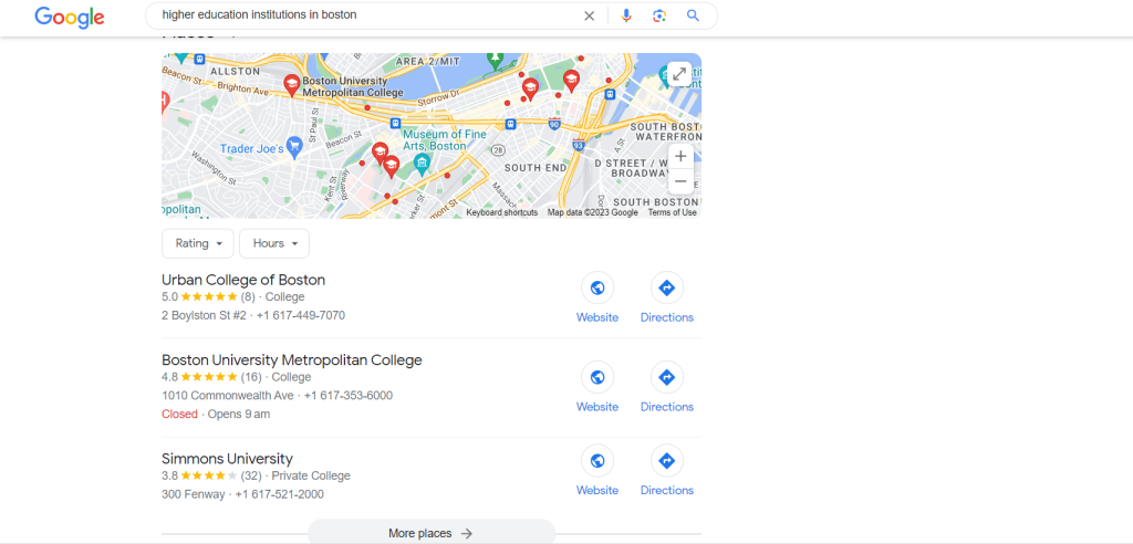 Screenshot showing Google result page for "Higher Education Institution in Boston"