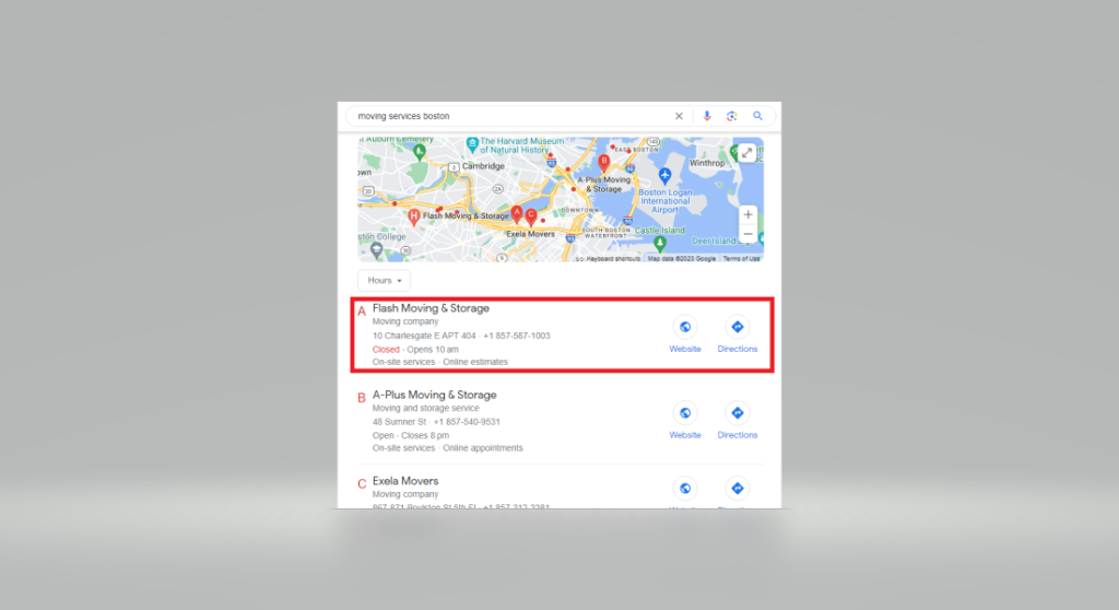 Screenshot of the Google result page for "moving services Boston".