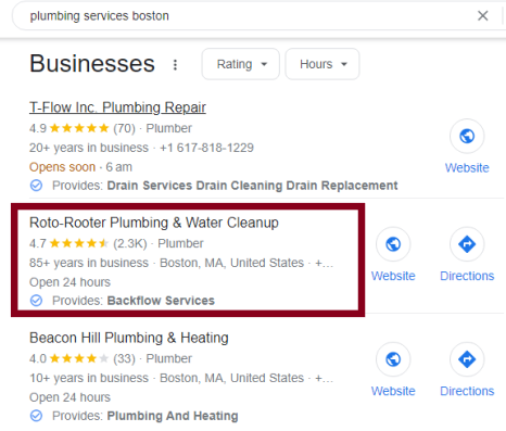 Screenshot of Google search results for "plumbing services boston".
