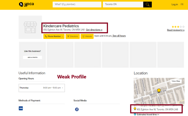 Screenshot of a medical practice's Yellow Page's profile.