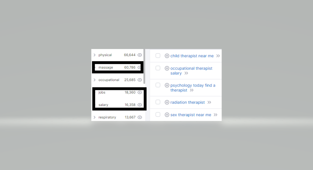 Screenshot of Semrush's Keyword Research Tool with 3 keywords in a black box "massage", "jobs", and "salary".