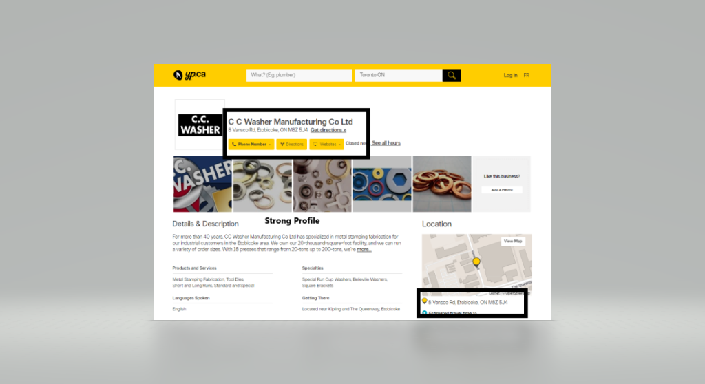 Screenshot of C C Washer Manufacturing Co. Ltd Yellow Pages profile. 