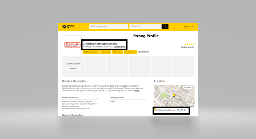 Screenshot of an immigration law firm's Yellow Pages profile.