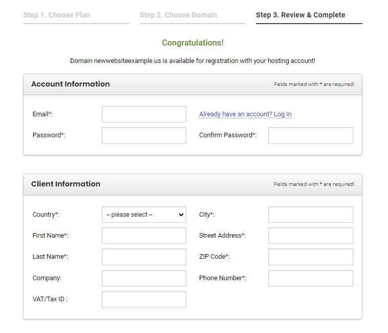 Screenshot of SiteGround's Review and Complete domain registration