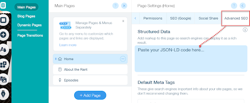 A screenshot of entering code into Advanced SEO on Wix