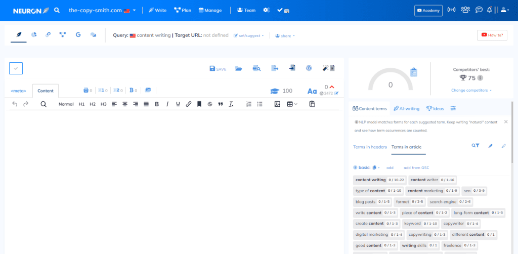 NeuronWriter content editor screenshot 
