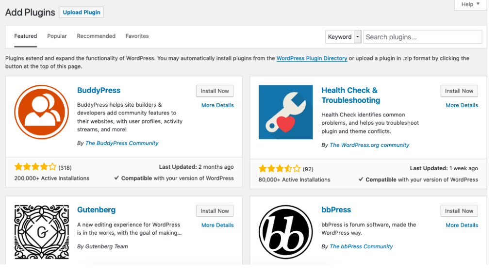 Screenshot of WordPress Plugins page