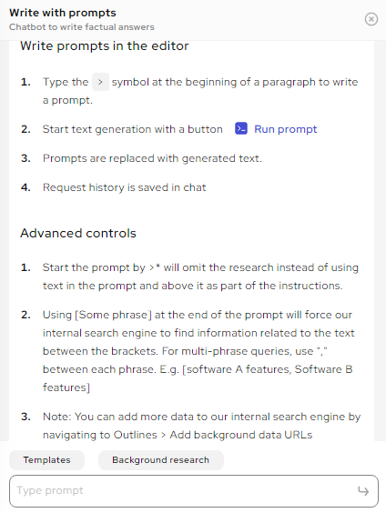 A screenshot of Outranking's information and steps on how to write a prompt