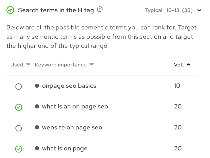 Screenshot of the search terms in H tags critera.