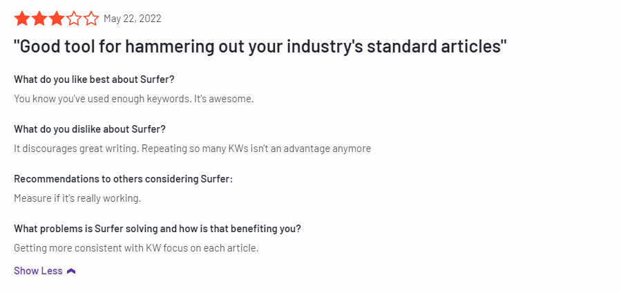 Screenshot of a review for SurferSEO