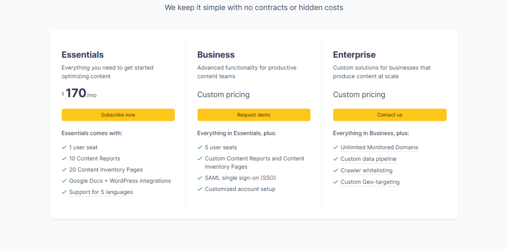 Clearscope pricing page screenshot