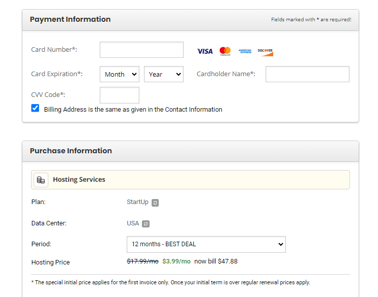 Screenshot of SiteGround's payment procedure