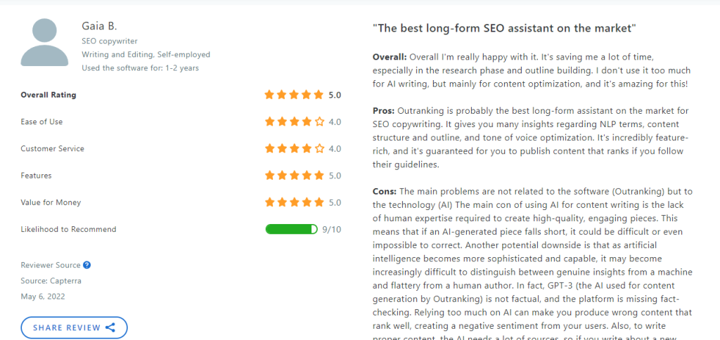 Screenshot of a positive review for Outranking