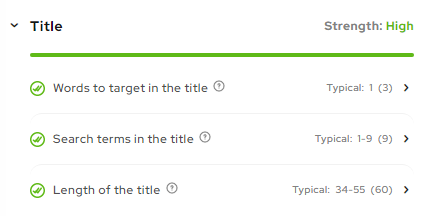 Screenshot of the title tag score based on the title's words to target, search terms, and length. 
