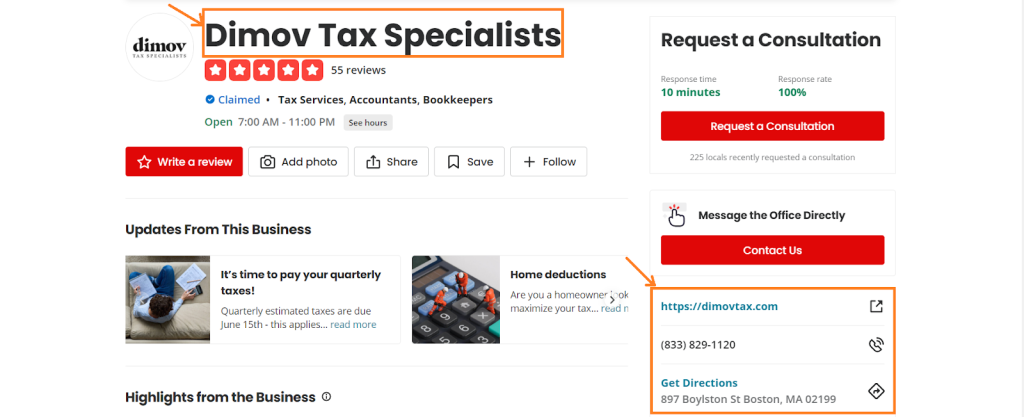 Screenshot of Dimov Tax Specialist's Yelp page.