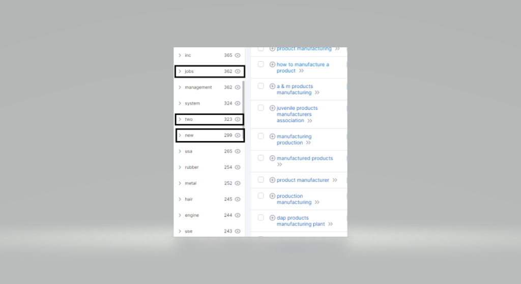 Screenshot of the semrush keyword analyzer tool with three keywords in a black outlined box.