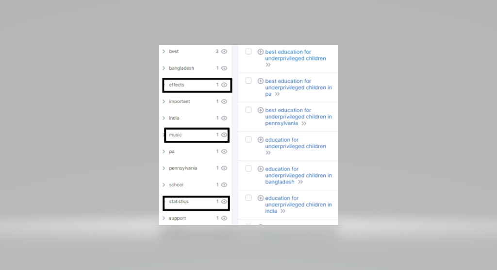 Screenshot of possible keyword filters through Semrush.