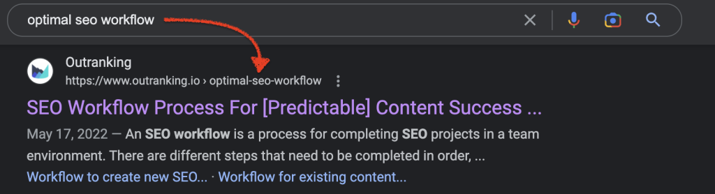 Image of a ranking page using a 'optimal-seo-workflow' keyword as its URL.