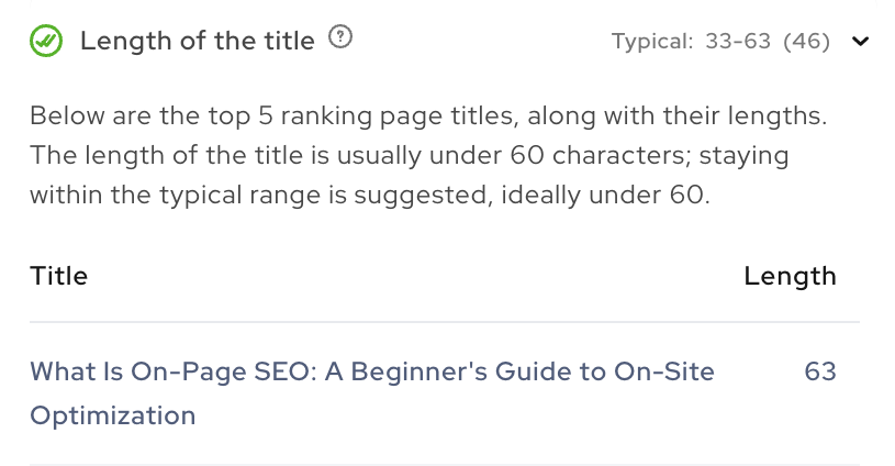 Screenshot of the 'length of the title' criteria.