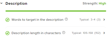 Screenshot of a description analysis based on words to target and description length.
