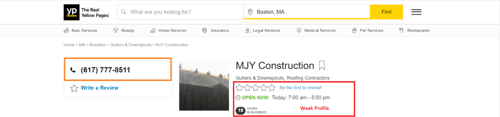 Screenshot of MJY Construction's Yellow Pages profile.