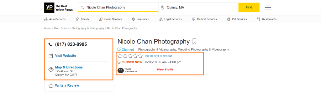 Screenshot of a photographer's Yellow Pages profile that is missing key features of a strong profile.