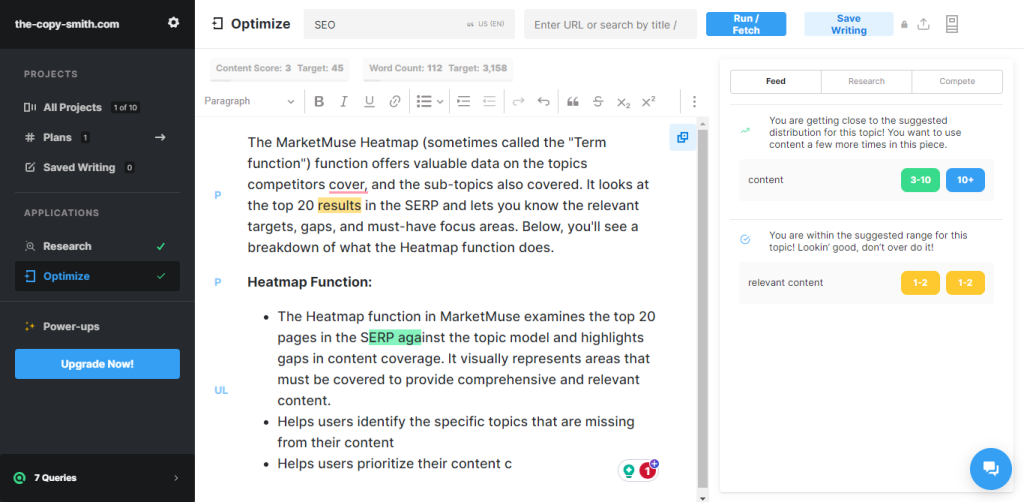 MarketMuse content scoring screenshot.