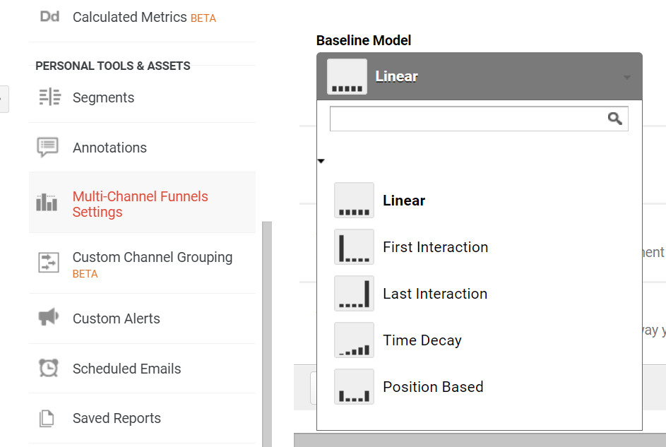 Screenshot of Google Analytics Multi-Channel Funnels Settings.