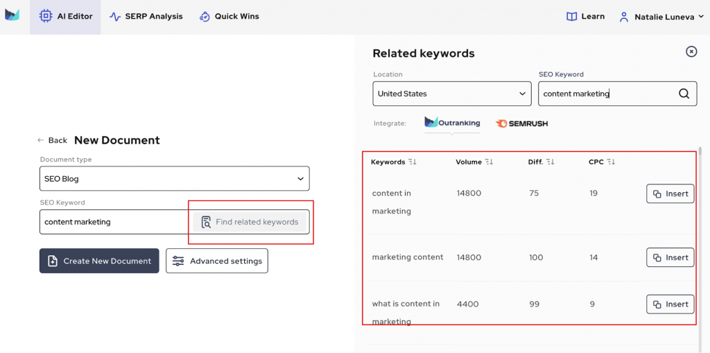 Find keywords using Outranking or Semrush