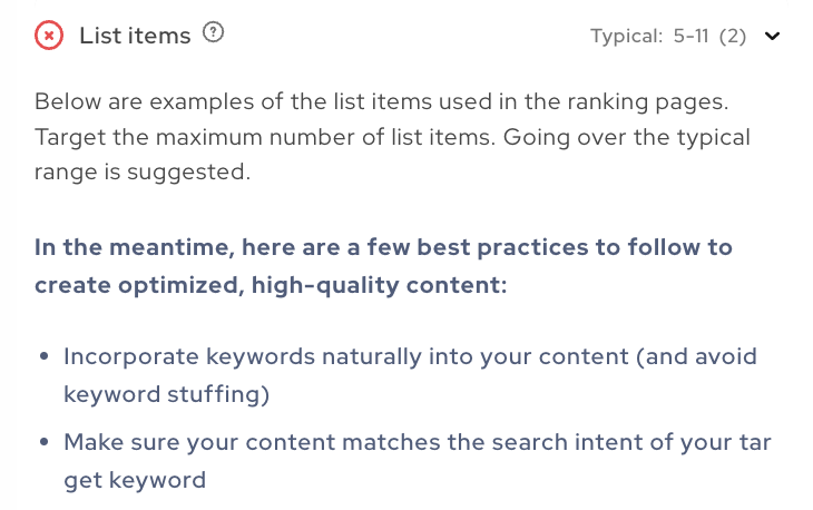 Screenshot of the lists criteria.