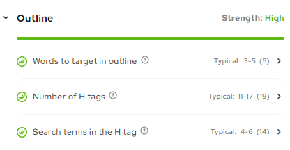 Screenshot of the outline score analysis based on words to target, number of H tags, and search terms in the H tags.