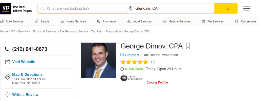 Screenshot of Dimov's contact page on The Real Yellow Pages.