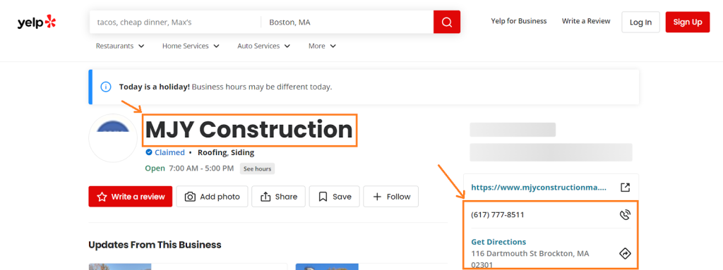 Screenshot of MJY Construction's Yelp profile.