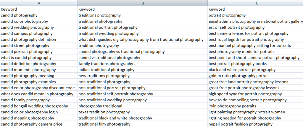 List of selected subarea keywords  for the core service area "wedding photography".