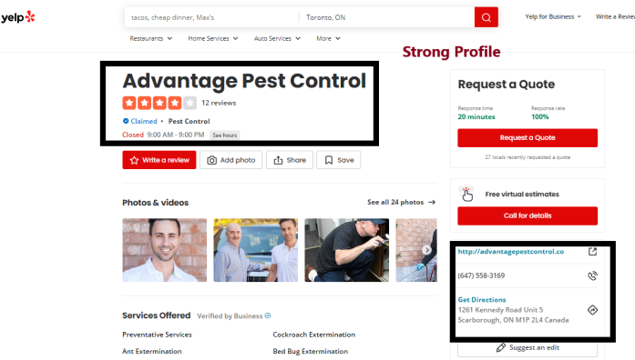 Screenshot of a Yelp page for Advantage Pest Control.